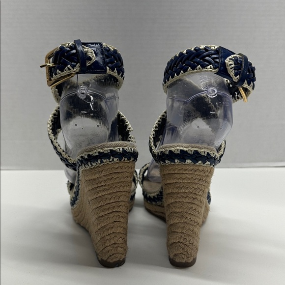 Tory Burch Lilah Wedges Espadrille Sandals High Heel Shoes Brown Navy Blue 8 - Picture 5 of 12